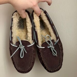 UGG Chocolate Suede Moccasins with Light Blue Accents